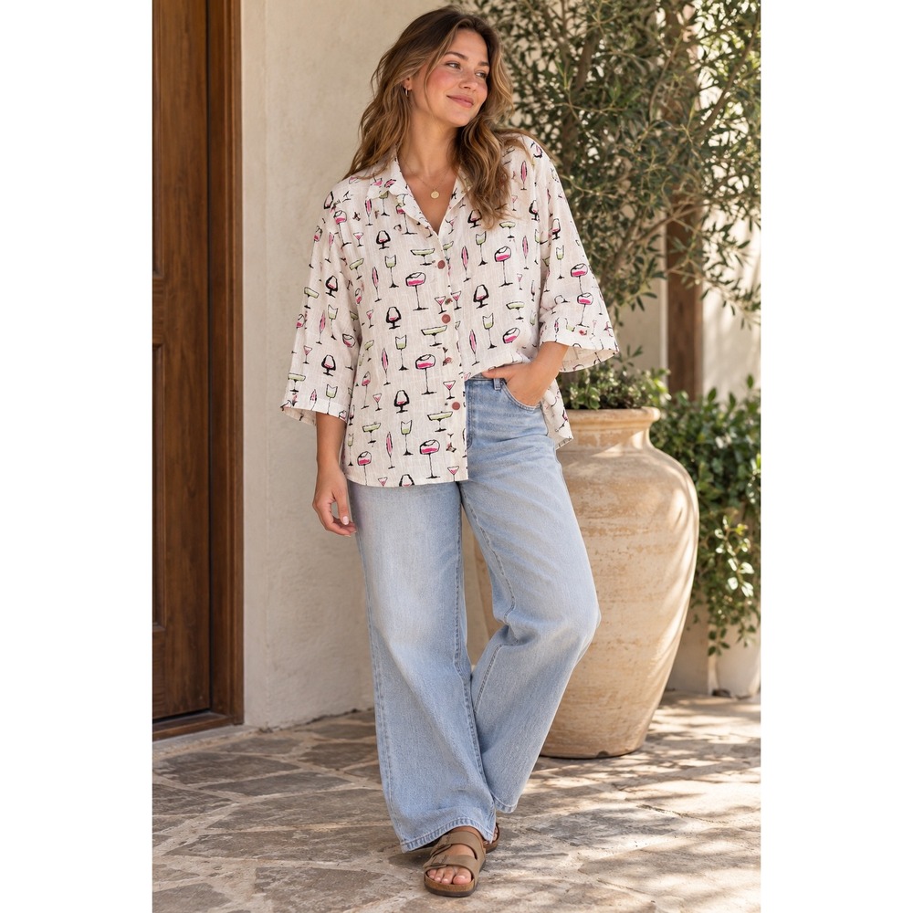Habitat Clothes to Live In XL Cocktail Print Crinkle Cotton Button Down Shirt